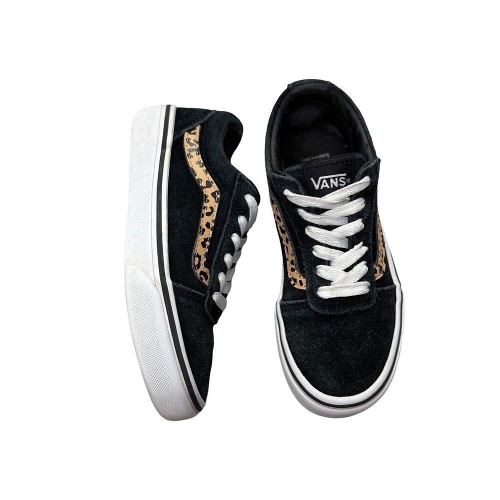 Vans Ward Low Top Sneakers Black Suede Leopard Print‎ Side Stripe Kids Size 13.0